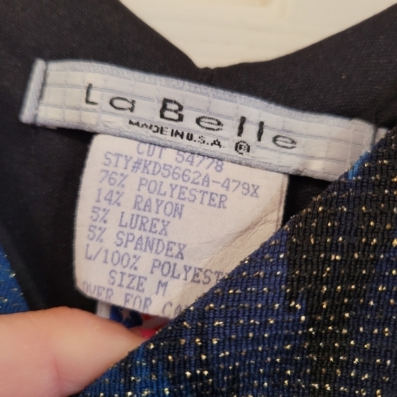 Vintage 90's La Belle Turquoise Black Sparkle Ruffle Bodycon Midi Dress Medium M - Picture 7 of 7